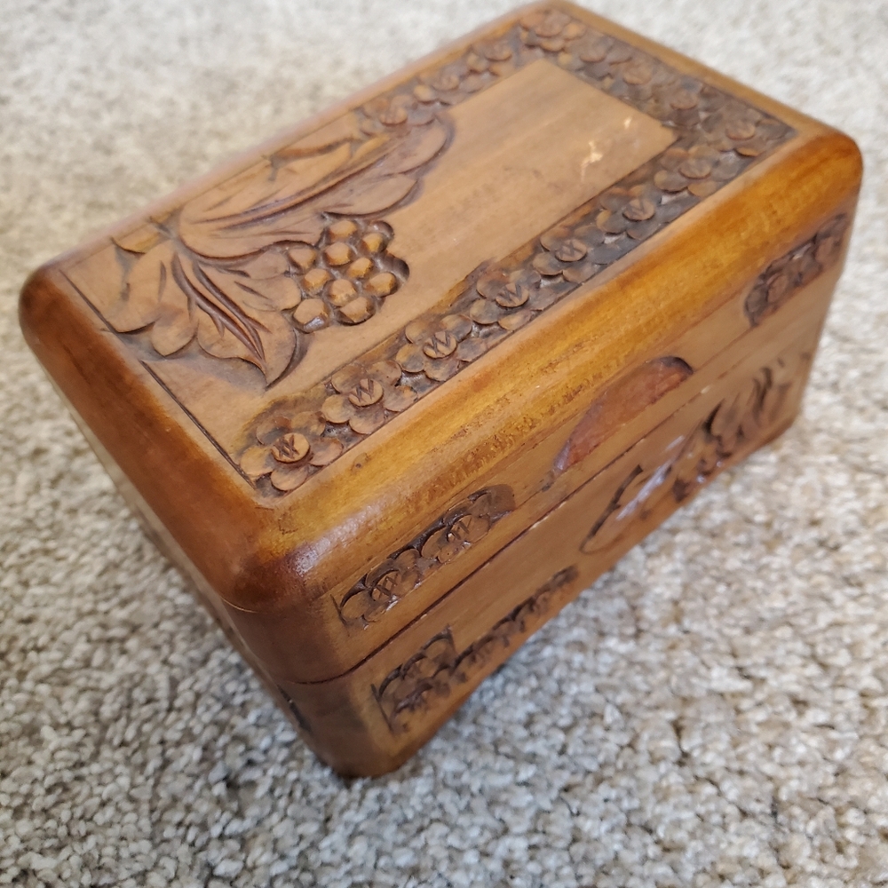 Vintage Carved Wooden Jewelry Box With Velvet Interior